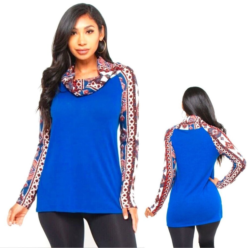 NWT Sweater-Blue & Red South Western Patterned Cowl Neck Lightweight Pullover